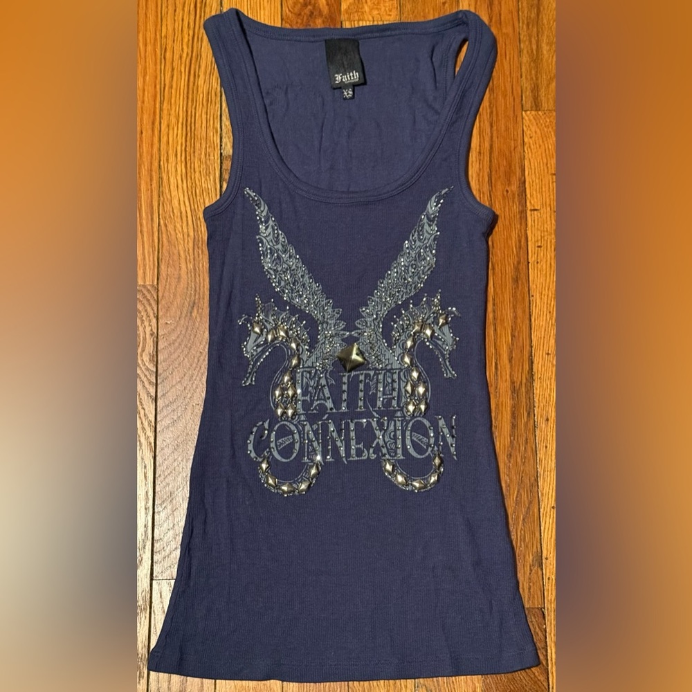 Faith Connexion Embellished Seahorse Tank Top XS Navy Blue Ribbed 2x2 Modal